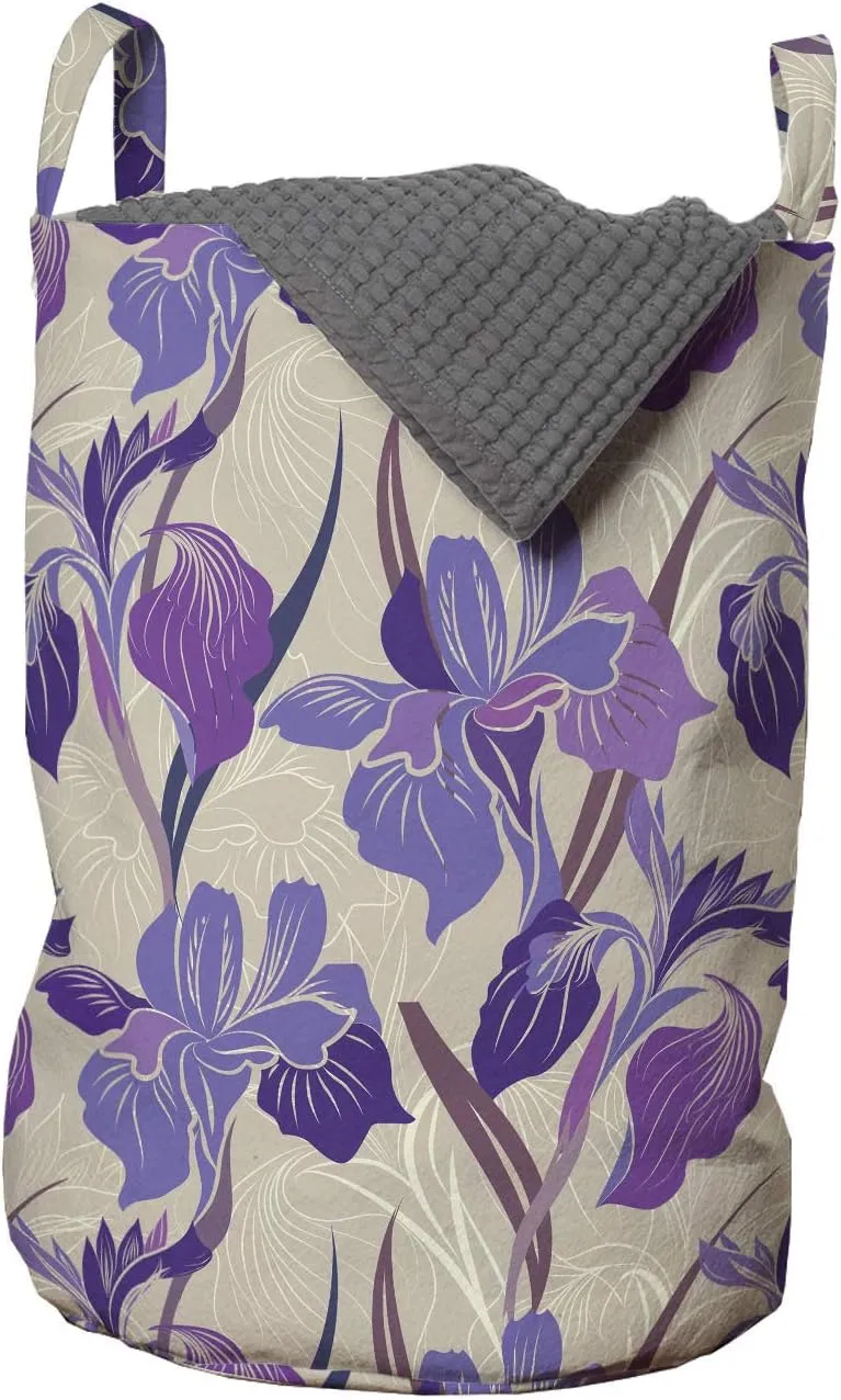 Ambesonne Floral Laundry Bag, Digital Interpretation of Blooming Flowers, Hamper Basket with Handles Drawstring Closure for Laundromats, 13" x 19", Pale Tan Violet