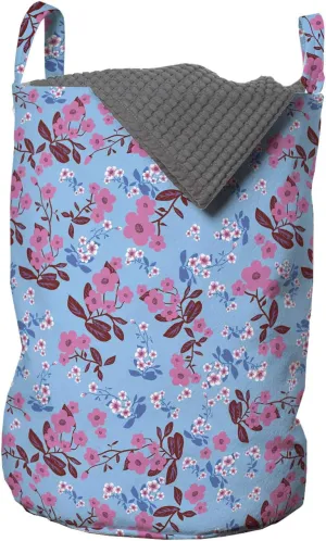 Ambesonne Floral Laundry Bag, Rhythmic Blossoming Flowers Leaves in Pastel Tones Illustration Print, Hamper Basket with Handles Drawstring Closure for Laundromats, 13" x 19", Pale Sky Blue Multicolor