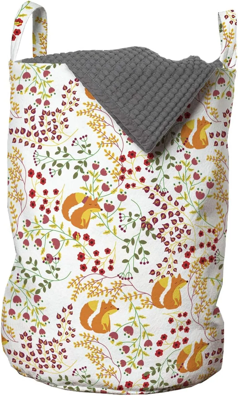 Ambesonne Floral Laundry Bag, Rhythmic Summer Nature Flowers Leaves Fox Forest Trees Print on Plain Backdrop, Hamper Basket with Handles Drawstring Closure for Laundromats, 13" x 19", Multicolor
