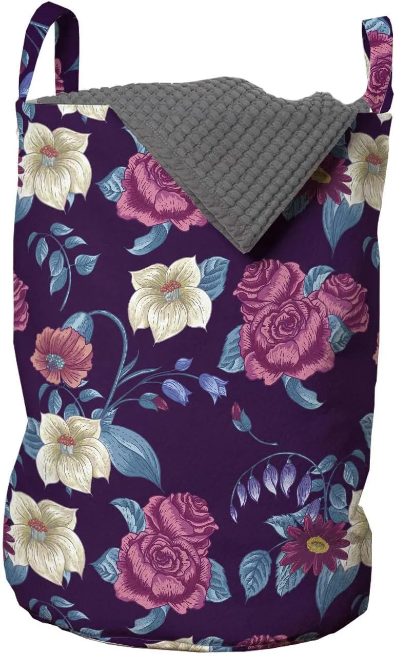 Ambesonne Floral Laundry Bag, Rhythmic Wildflower Pointed Petals Roses Blue Leaves on Dark Background, Hamper Basket with Handles Drawstring Closure for Laundromats, 13" x 19", Plum and Multicolor