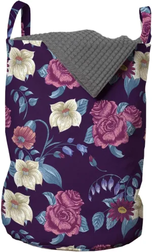 Ambesonne Floral Laundry Bag, Rhythmic Wildflower Pointed Petals Roses Blue Leaves on Dark Background, Hamper Basket with Handles Drawstring Closure for Laundromats, 13" x 19", Plum and Multicolor