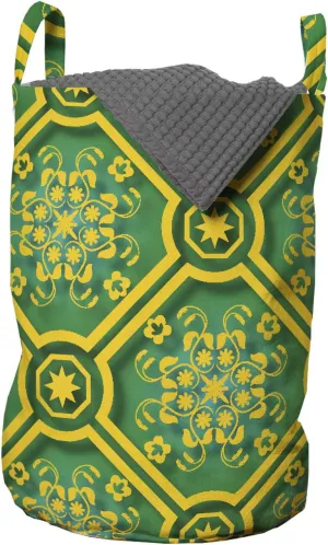 Ambesonne Floral Laundry Bag, Strokes and Motifs in Bicolour Ornamental Details Pattern, Hamper Basket with Handles Drawstring Closure for Laundromats, 13" x 19", Jade Green Earth Yellow