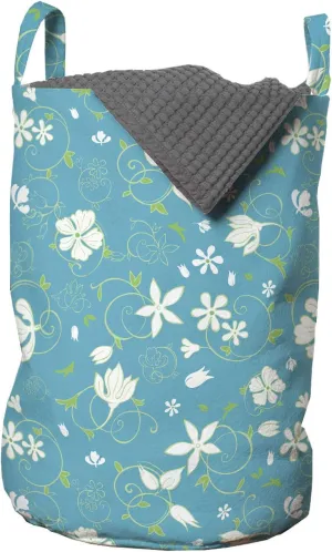 Ambesonne Floral Laundry Bag, Swirled Stalks and Foliage Leaves Pattern with Blossoming Petals Nature Design, Hamper Basket with Handles Drawstring Closure for Laundromats, 13" x 19", Green Blue White