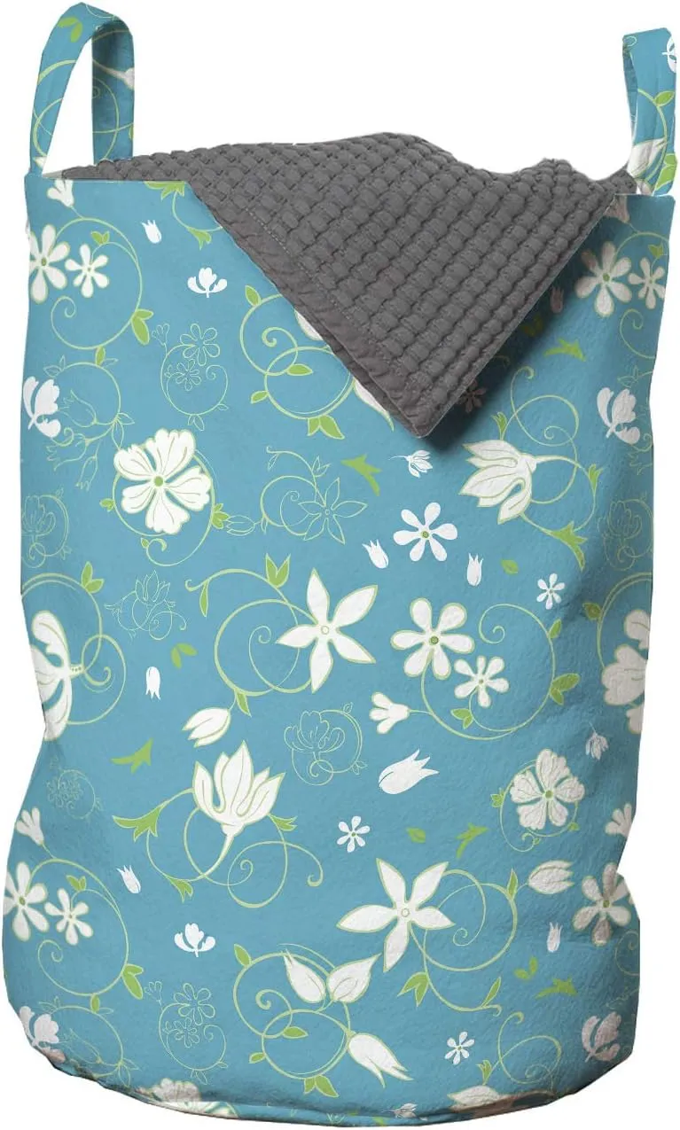 Ambesonne Floral Laundry Bag, Swirled Stalks and Foliage Leaves Pattern with Blossoming Petals Nature Design, Hamper Basket with Handles Drawstring Closure for Laundromats, 13" x 19", Green Blue White