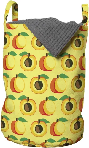 Ambesonne Fruits Laundry Bag, Symmetrical Pattern Illustration of Apricots as Whole and Half, Hamper Basket with Handles Drawstring Closure for Laundromats, 13" x 19", Pastel Yellow Orange and Green