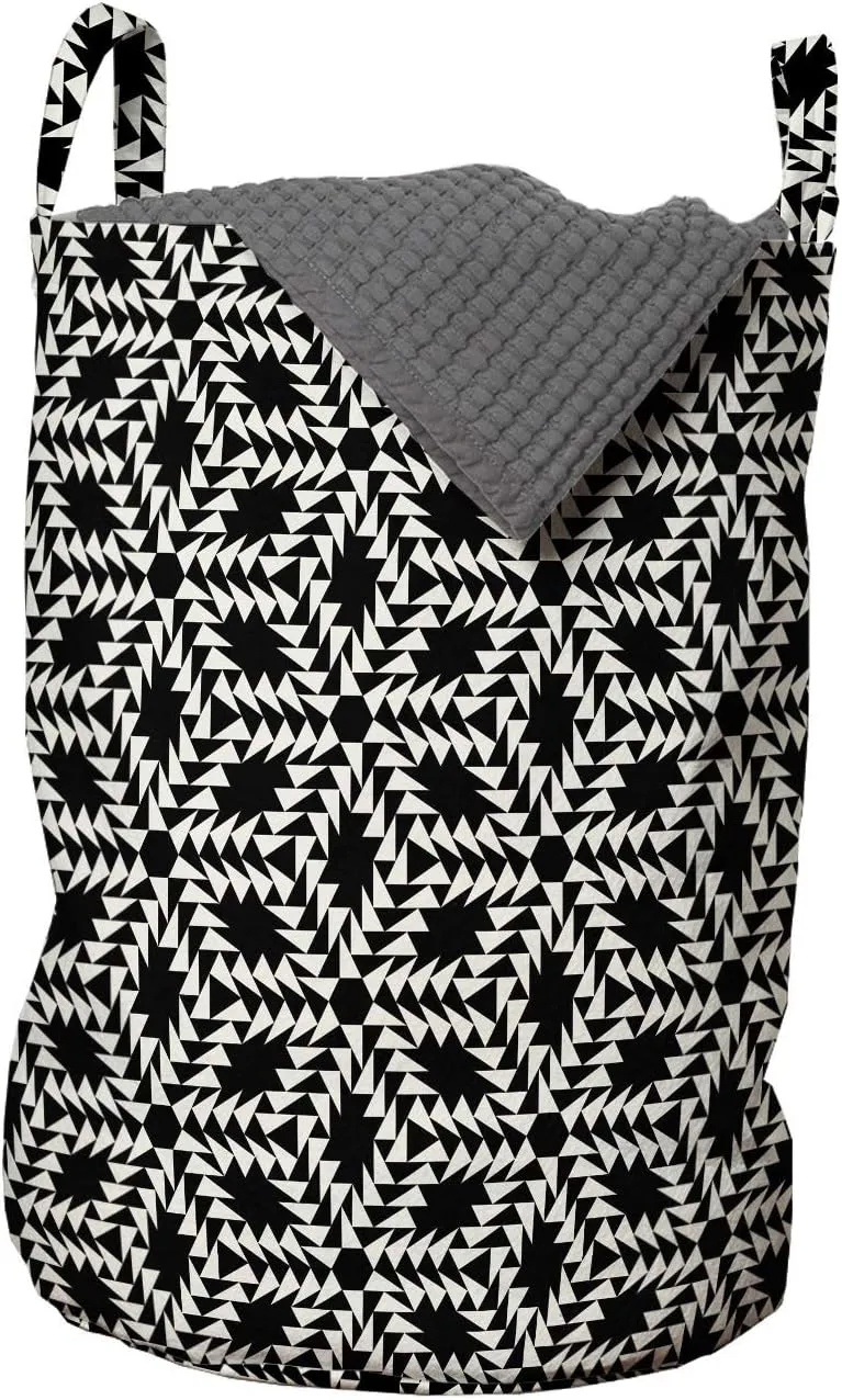 Ambesonne Geometric Laundry Bag, Rhythmic Repetition Floral Motif with Triangles Abstract Bold Art, Hamper Basket with Handles Drawstring Closure for Laundromats, 13" x 19", Charcoal Grey and Eggshell