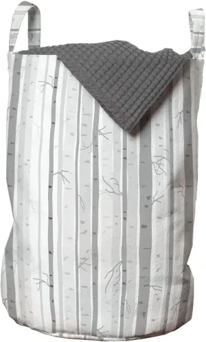 Ambesonne Grey and White Laundry Bag, Birch Tree Grove Leafless Branches Winter Woodland Illustration, Hamper Basket with Handles Drawstring Closure for Laundromats, 13" x 19", Grey Pale Grey White