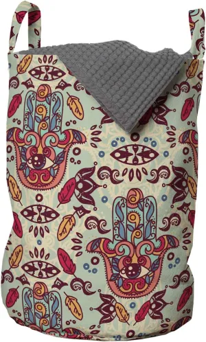 Ambesonne Hamsa Laundry Bag, Ornamental Pattern Colorful Sketch Design, Hamper Basket with Handles Drawstring Closure for Laundromats, 13" x 19", Multicolor