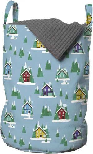Ambesonne House Laundry Bag, Rectangular Trilateral Homes Windows Door Knobs Snow on Pointy Trees Christmas Time, Hamper Basket with Handles Drawstring Closure for Laundromats, 13" x 19", Multicolor