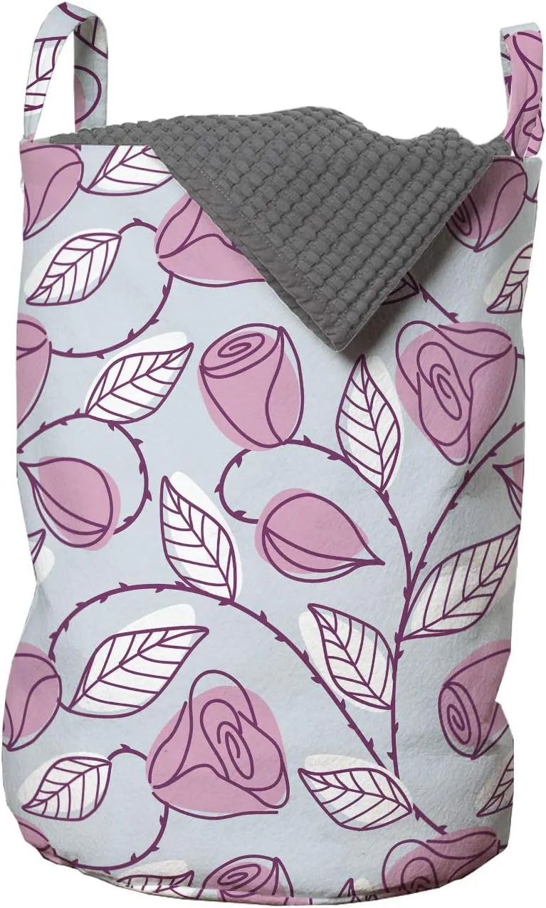 Ambesonne Leaves Laundry Bag, Rhythmic Pastel Tone Rose Flowers Sketch Leaves Foliage Motifs Illustration, Hamper Basket with Handles Drawstring Closure for Laundromats, 13" x 19", Pale Blue Pale Pink