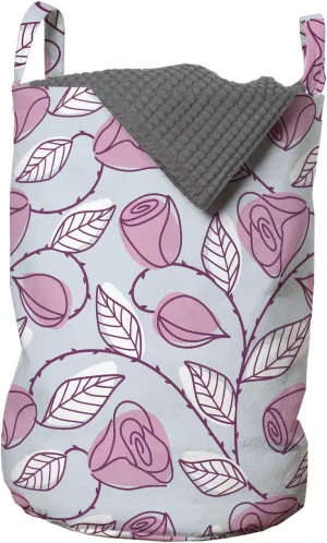 Ambesonne Leaves Laundry Bag, Rhythmic Pastel Tone Rose Flowers Sketch Leaves Foliage Motifs Illustration, Hamper Basket with Handles Drawstring Closure for Laundromats, 13" x 19", Pale Blue Pale Pink