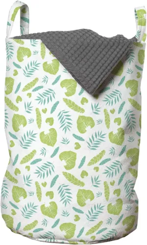 Ambesonne Leaves Laundry Bag, Tropical Botany Elements Nature Awakening on Plain Backdrop, Hamper Basket with Handles Drawstring Closure for Laundromats, 13" x 19", Green Seafoam