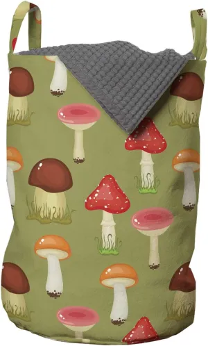 Ambesonne Mushroom Laundry Bag, Repetitive Autumn Forest Elements Abstract Graphic Various Fungus Pattern, Hamper Basket with Handles Drawstring Closure for Laundromats, 13" x 19", Multicolor