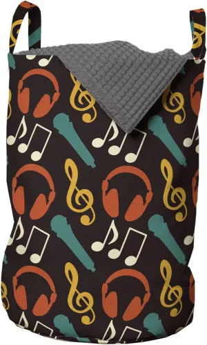 Ambesonne Music Laundry Bag, Notes and DJ Headphones Pop Art Style Retro Sound Melody Rhythm Pitch Beats Graphic, Hamper Basket with Handles Drawstring Closure for Laundromats, 13" x 19", Multicolor
