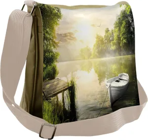 Ambesonne Nature Messenger Bag, Boat by Foggy Lake Deck, Unisex Cross-body