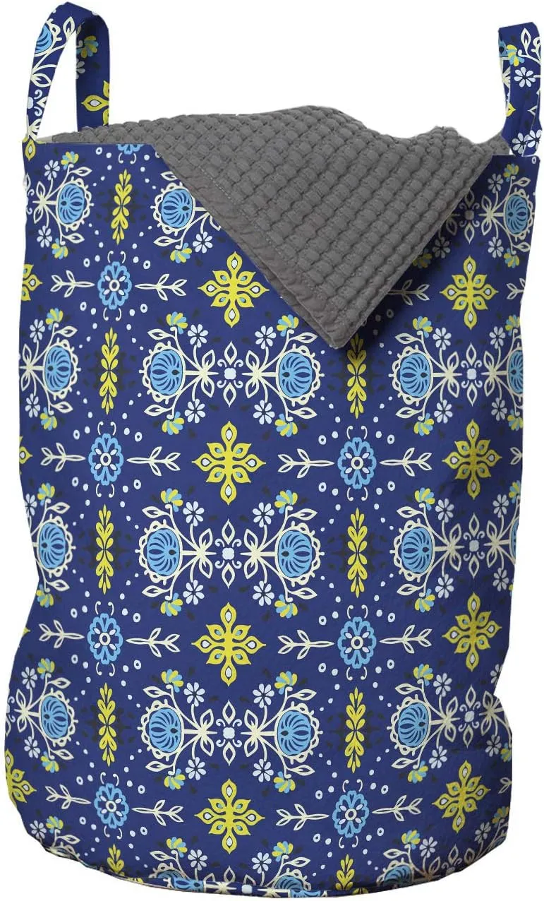 Ambesonne Oriental Laundry Bag, Ornamental Flowers Leaves and Cultural Streaks, Hamper Basket with Handles Drawstring Closure for Laundromats, 13" x 19", Lavender Yellow