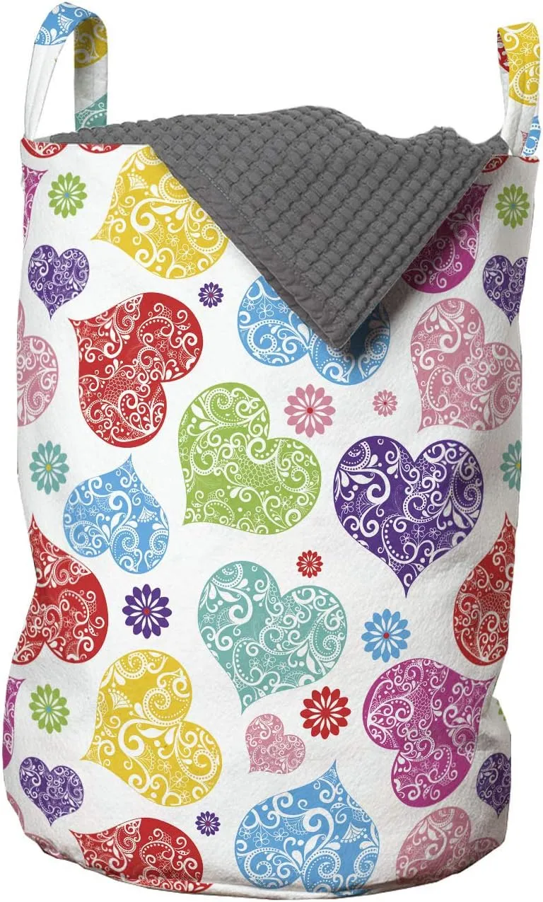 Ambesonne Romantic Laundry Bag, Ornamental Heart Shapes of Inner Floral Swirly Leaves Flowers Ethnic Love Motif, Hamper Basket with Handles Drawstring Closure for Laundromats, 13" x 19", Multicolor
