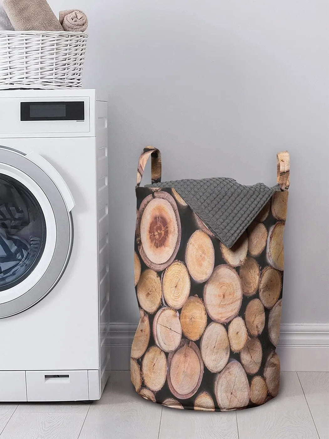Ambesonne Rustic Laundry Bag, Mass of Wood Logs Forest Tree Ecology Industry Group of Cut Lumber Circle Stack Image, Hamper Basket with Drawstring Closure for Laundromats, 13" x 19", Peach Umber