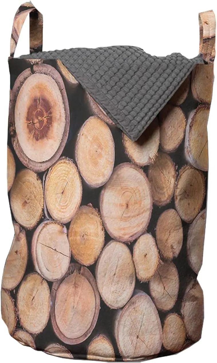 Ambesonne Rustic Laundry Bag, Mass of Wood Logs Forest Tree Ecology Industry Group of Cut Lumber Circle Stack Image, Hamper Basket with Drawstring Closure for Laundromats, 13" x 19", Peach Umber