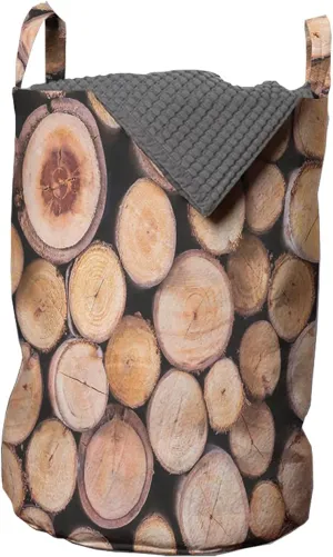 Ambesonne Rustic Laundry Bag, Mass of Wood Logs Forest Tree Ecology Industry Group of Cut Lumber Circle Stack Image, Hamper Basket with Drawstring Closure for Laundromats, 13" x 19", Peach Umber