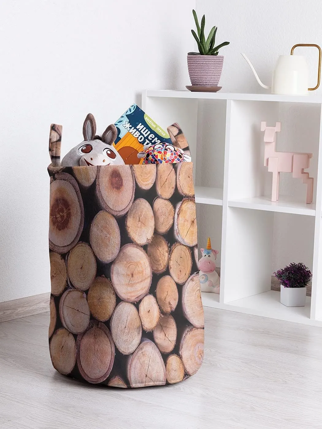 Ambesonne Rustic Laundry Bag, Mass of Wood Logs Forest Tree Ecology Industry Group of Cut Lumber Circle Stack Image, Hamper Basket with Drawstring Closure for Laundromats, 13" x 19", Peach Umber