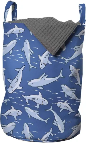 Ambesonne Shark Laundry Bag, Rhythmic Smiling Carnivore Motifs Aquatic Theme Motifs Illustration, Hamper Basket with Handles Drawstring Closure for Laundromats, 13" x 19", Sea Blue Pale Ceil Blue