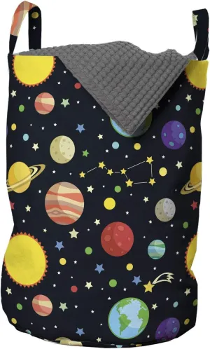Ambesonne Space Laundry Bag, Comets and Constellations Stars with Polka Dots Earth Sun Saturn Mars Solar System, Hamper Basket with Handles Drawstring Closure for Laundromats, 13" x 19", Multicolor