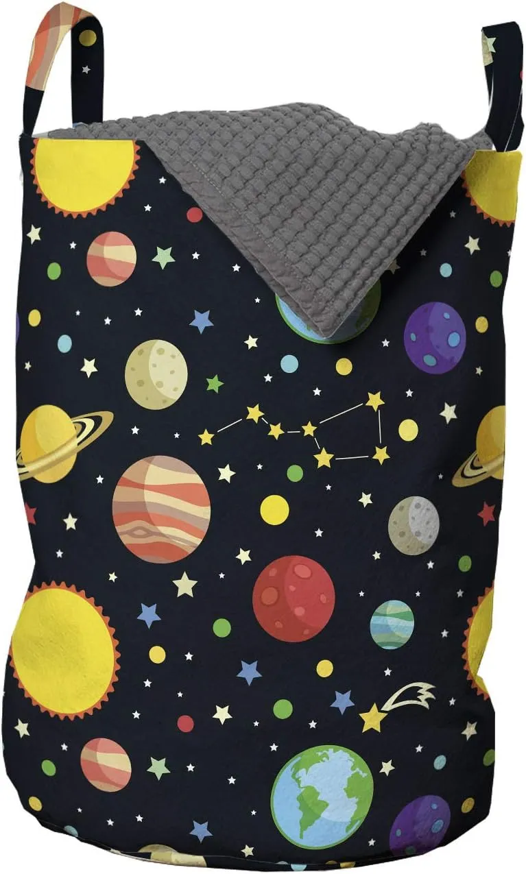 Ambesonne Space Laundry Bag, Comets and Constellations Stars with Polka Dots Earth Sun Saturn Mars Solar System, Hamper Basket with Handles Drawstring Closure for Laundromats, 13" x 19", Multicolor