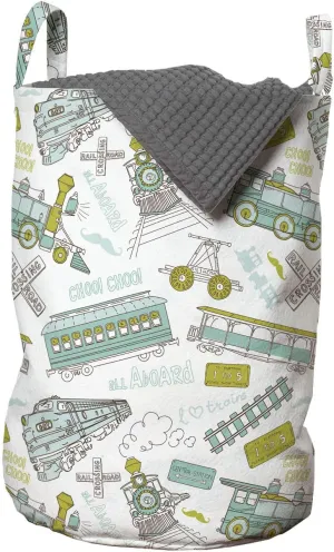 Ambesonne Steam Engine Laundry Bag, Choo Choo Train Pattern and Number Signs Vintage Travel Theme Print, Hamper Basket with Handles Drawstring Closure for Laundromats, 13" x 19", Apple Green Turquoise