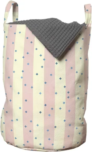 Ambesonne Stripes Laundry Bag, Rhythmic Print of Pastel Colored Thick Lines Starry Elements Composition, Hamper Basket with Handles Drawstring Closure for Laundromats, 13" x 19", Cream and Pale Pink
