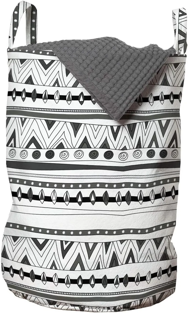 Ambesonne Tribal Laundry Bag, Prehistoric Aztec with Circles Triangles Tribal Folk Pattern, Hamper Basket with Handles Drawstring Closure for Laundromats, 13" x 19", Charcoal Grey White