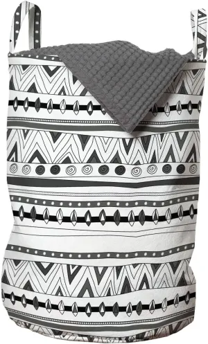 Ambesonne Tribal Laundry Bag, Prehistoric Aztec with Circles Triangles Tribal Folk Pattern, Hamper Basket with Handles Drawstring Closure for Laundromats, 13" x 19", Charcoal Grey White