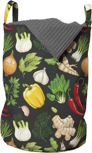 Ambesonne Vegetable Laundry Bag, Vegan Diet Cuisine Herbs and Spices Chili Pepper Diet Healthy Eco Menu Print, Hamper Basket with Handles Drawstring Closure for Laundromats, 13" x 19", Multicolor