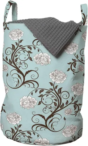 Ambesonne Victorian Laundry Bag, Floral Composition with Vintage Inspirations Abstract Swirled Stalks, Hamper Basket with Handles Drawstring Closure for Laundromats, 13" x 19", Seafoam Brown White
