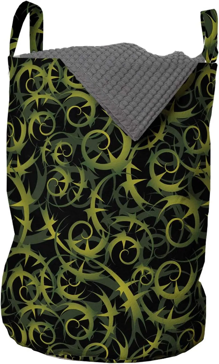 Ambesonne Vines Laundry Bag, Rhythmic Abstract Ivy Grape Leaves Print in Dark Tones, Hamper Basket with Handles Drawstring Closure for Laundromats, 13" x 19", Olive Green Dark Green