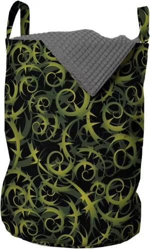 Ambesonne Vines Laundry Bag, Rhythmic Abstract Ivy Grape Leaves Print in Dark Tones, Hamper Basket with Handles Drawstring Closure for Laundromats, 13" x 19", Olive Green Dark Green