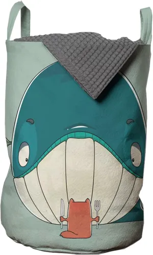 Ambesonne Whale Laundry Bag, Greedy Little Cat Sitting Down to Dine on a Huge Fish Dinner of Whale Cartoon, Hamper Basket with Handle Drawstring Closure for Laundromats, 13" x 19", Almond Green Teal