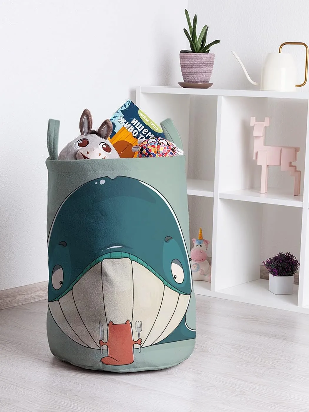 Ambesonne Whale Laundry Bag, Greedy Little Cat Sitting Down to Dine on a Huge Fish Dinner of Whale Cartoon, Hamper Basket with Handle Drawstring Closure for Laundromats, 13" x 19", Almond Green Teal