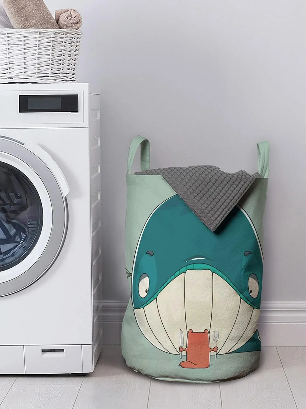 Ambesonne Whale Laundry Bag, Greedy Little Cat Sitting Down to Dine on a Huge Fish Dinner of Whale Cartoon, Hamper Basket with Handle Drawstring Closure for Laundromats, 13" x 19", Almond Green Teal