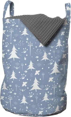 Ambesonne Winter Laundry Bag, Christmas-Themed Silhouettes of Spruce Trees Fir Berries Birds and Rowan, Hamper Basket with Handles Drawstring Closure for Laundromats, 13" x 19", Blue Grey and White