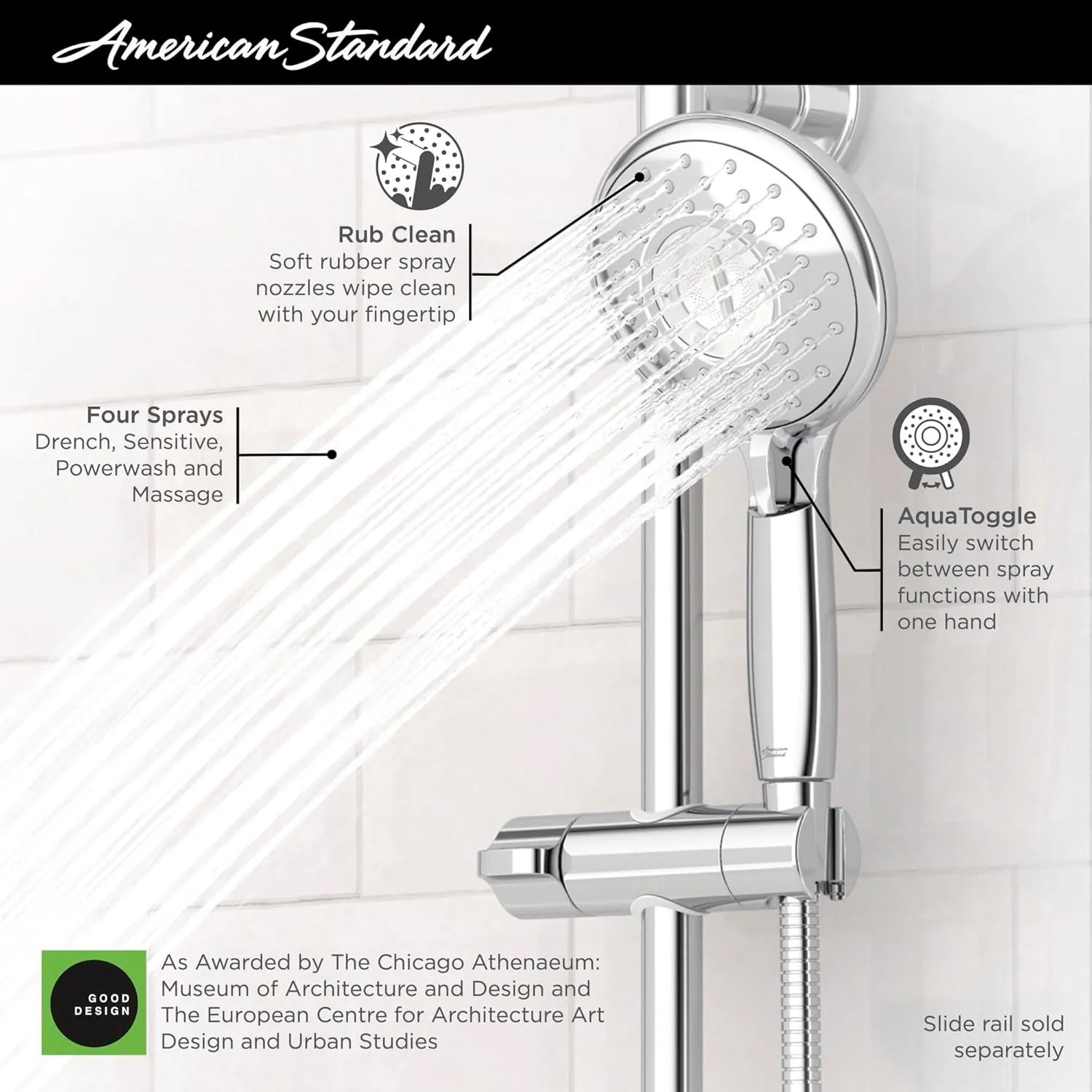 American Standard 9038154.002 Spectra 4-Function Handheld Shower Head 5-inch 1.8 GPM, Polished Chrome