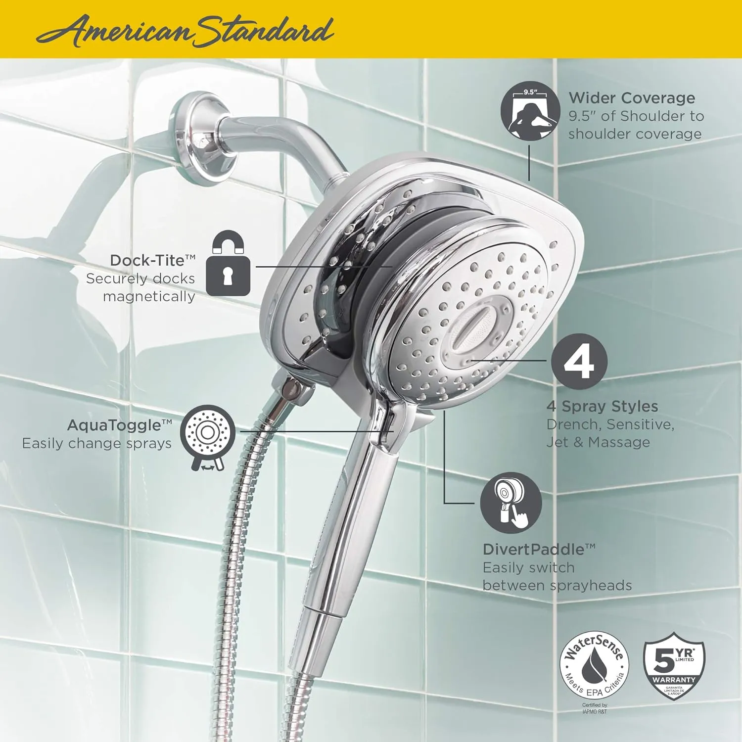 American Standard 9038254.013 Spectra Plus Duo 4-Function 2-in-1 Handheld and Fixed Shower Head 1.8 GPM, Polished Nickel
