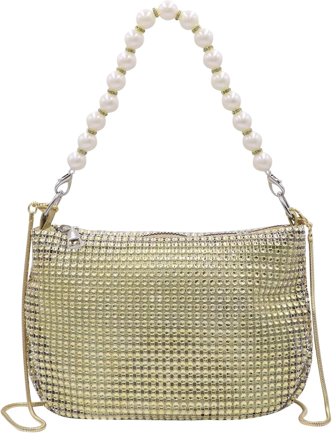 AMPOSSTO Trendy Rhinestones Crossbody Bag for Women Girls Shoulder Bag with Pearls Handheld Handbag