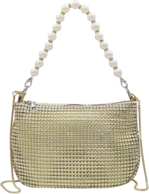 AMPOSSTO Trendy Rhinestones Crossbody Bag for Women Girls Shoulder Bag with Pearls Handheld Handbag