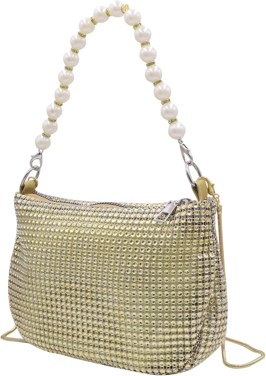 AMPOSSTO Trendy Rhinestones Crossbody Bag for Women Girls Shoulder Bag with Pearls Handheld Handbag