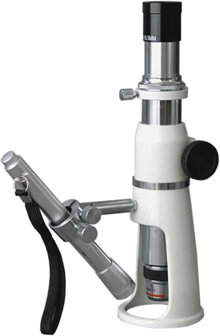 AmScope H2510 Handheld Stand Measuring Microscope, 20x/50x/100x Magnification, 17mm Field of View, Includes Pen Light