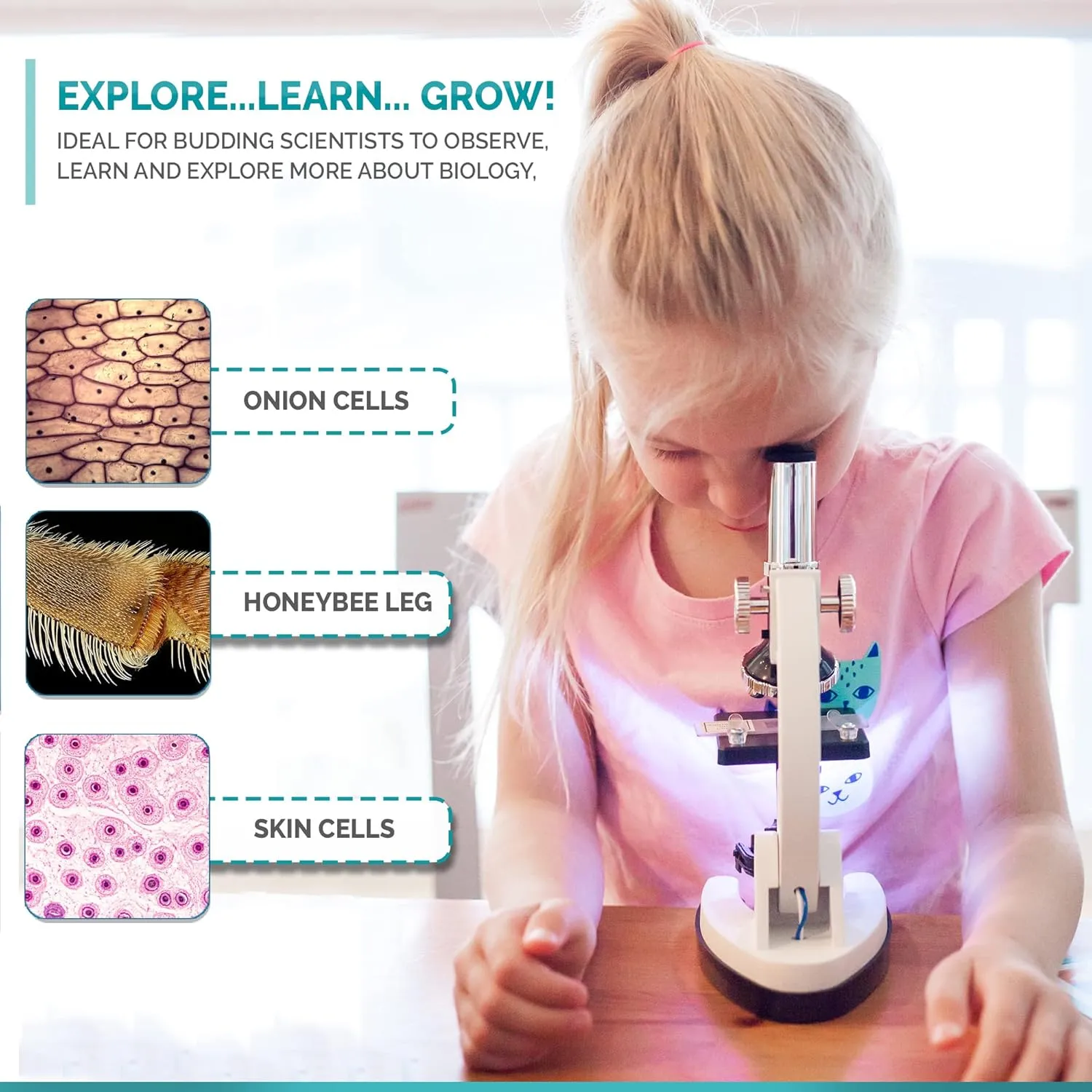 AMSCOPE-Kids 120X-1200X White Metal Arm Starter Kids Student Microscope Kit with Water Purification Activity Kit and Experiment Cards - M30-ABS-KT2-W-KVB1