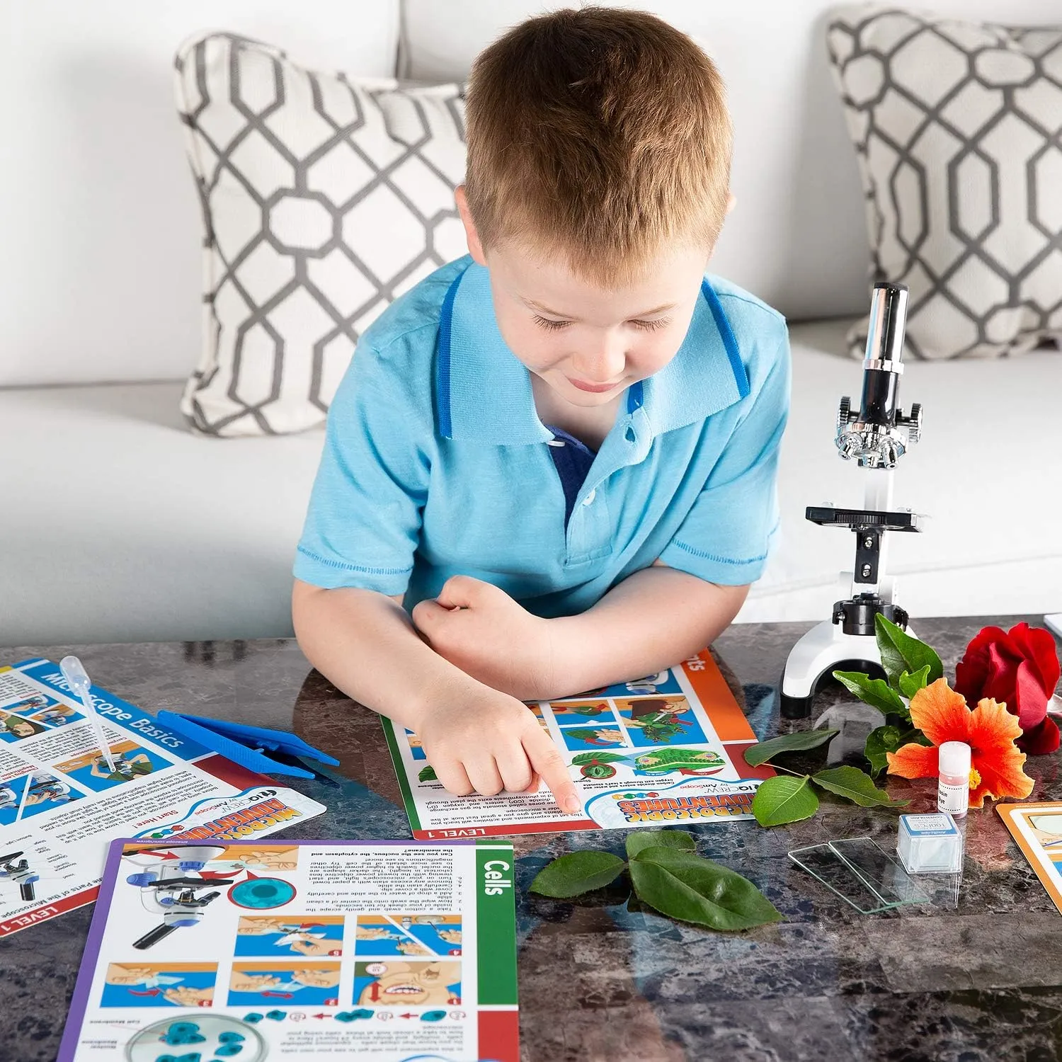 AMSCOPE-Kids 120X-1200X White Metal Arm Starter Kids Student Microscope Kit with Water Purification Activity Kit and Experiment Cards - M30-ABS-KT2-W-KVB1