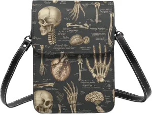 anatomical human anatomy bones hearts vintage Leather Small Crossbody Bags for Women Cell Phone Bag Wallet Purses with Adjustable Strap
