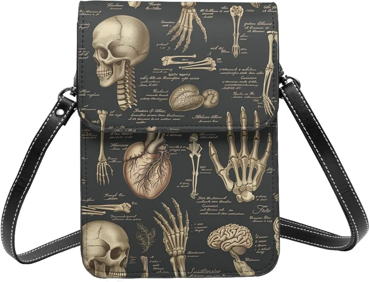 anatomical human anatomy bones hearts vintage Leather Small Crossbody Bags for Women Cell Phone Bag Wallet Purses with Adjustable Strap